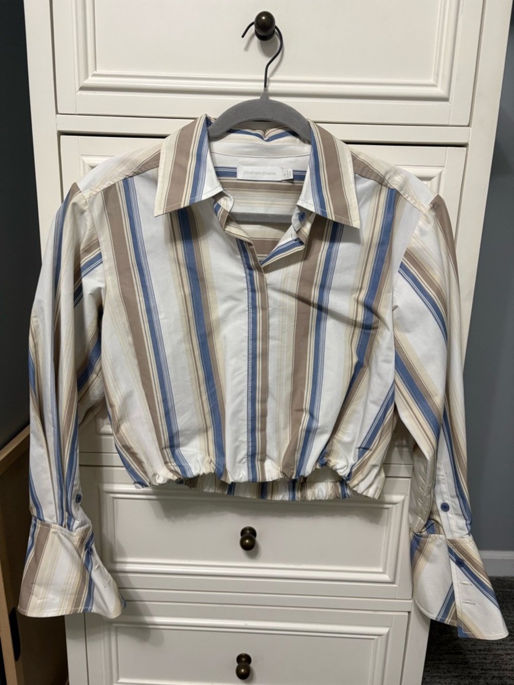 Jonathan Simkhai Blue, Brown & White Striped Cropped Button-Down Shirt